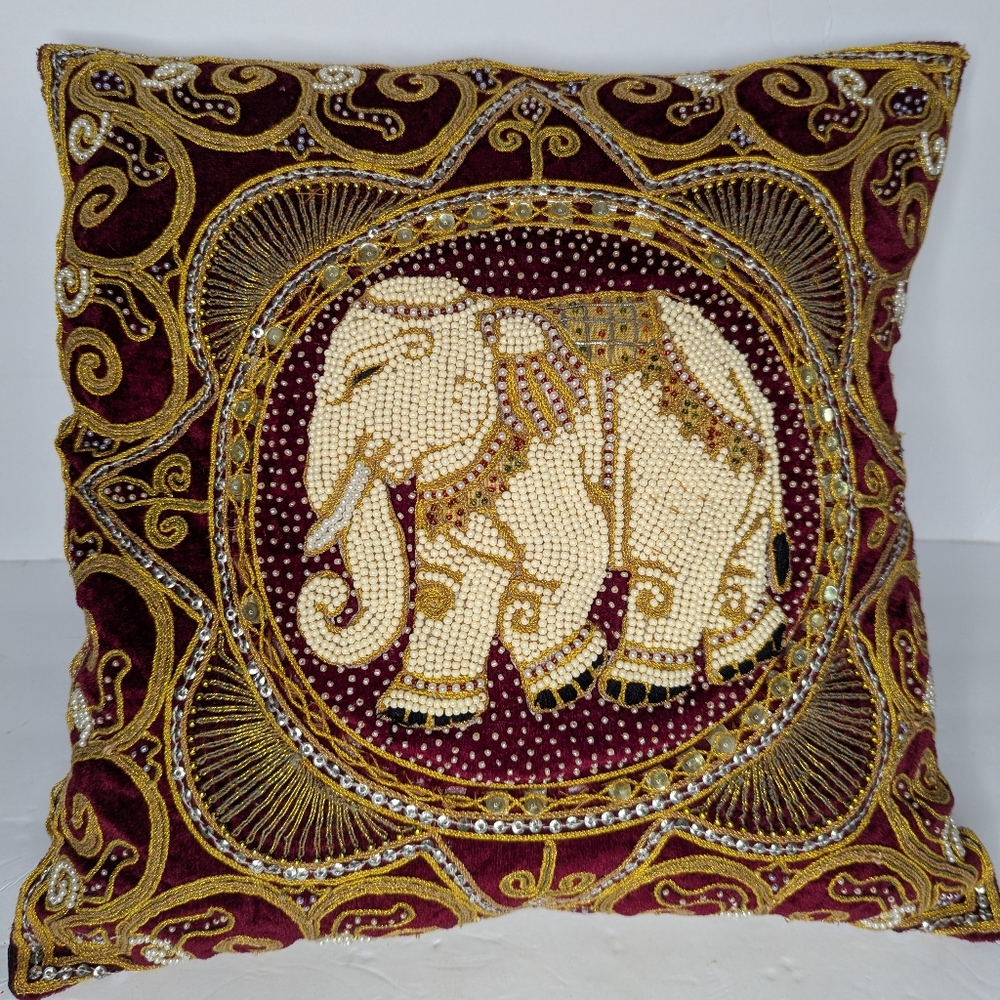 Stunning Fully Hand Beaded White Elephant Accent Pillow From Thailand 16"X16"